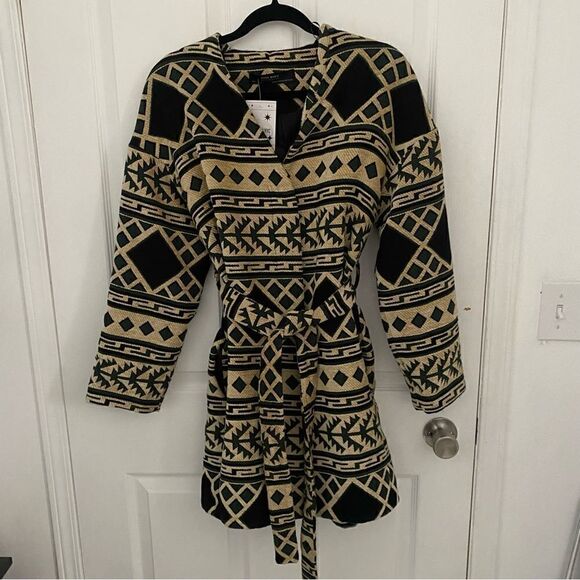 Zara Basic Tribal Print Longline Wrap Tie Coat Jacket Womens Size XS/S - Picture 1 of 8